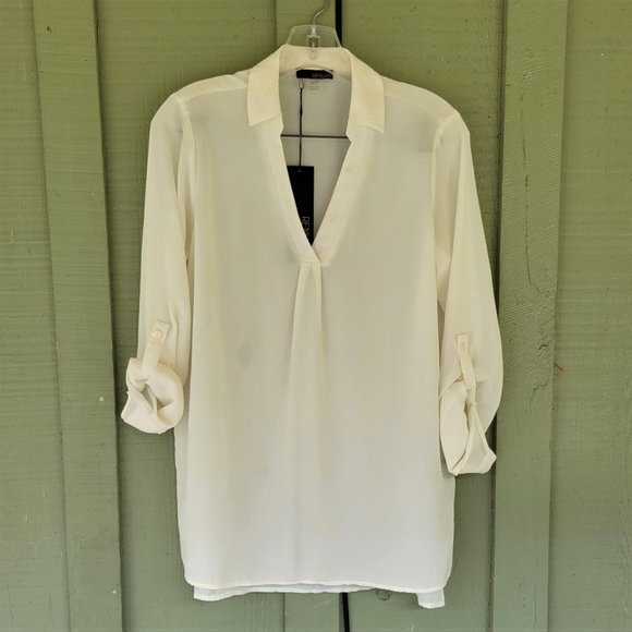NWT RENUAR Canada Ivory Plaid Half Button Top XS Adjustable Sleeves - Picture 1 of 4